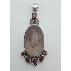 Silver Art Nouveau pendant with natural precious stones - 8 garnets and rutile quartz