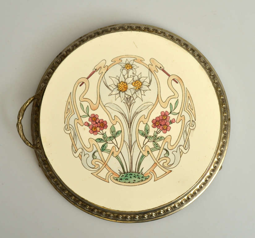 Art Nouveau porcelain cake tray with metal edge