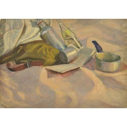 Still life with bottles and a pan