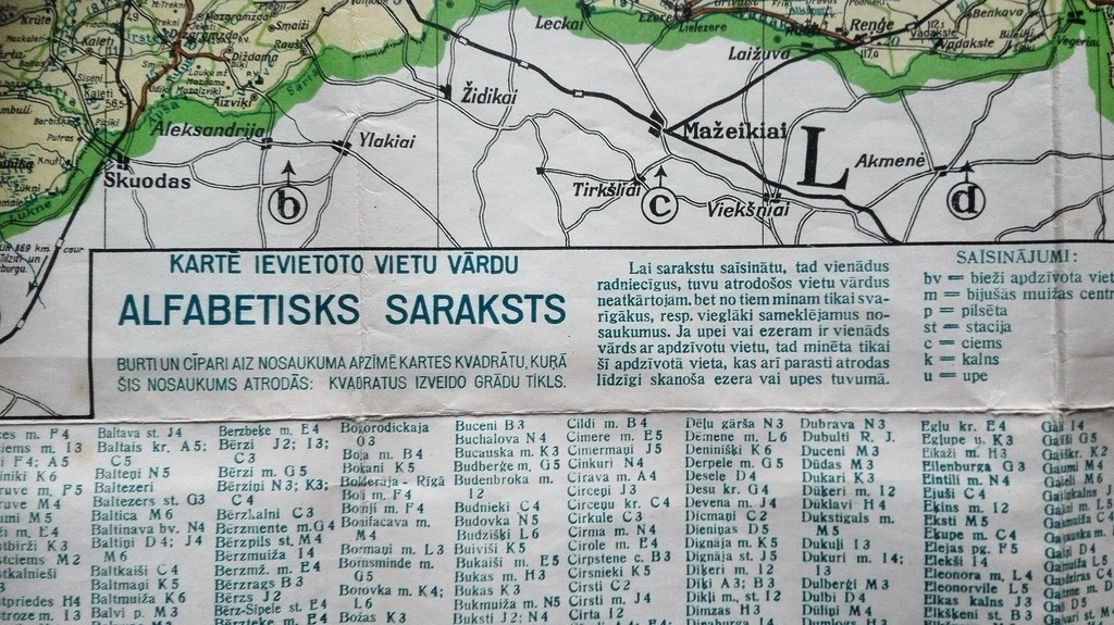 Latvijas karte ar pilnīgu vietu vārdu sarakstu, 1938, A/S 