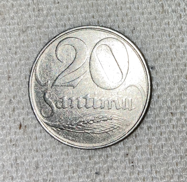 20 santīmu monēta, 1922.gads, Latvija