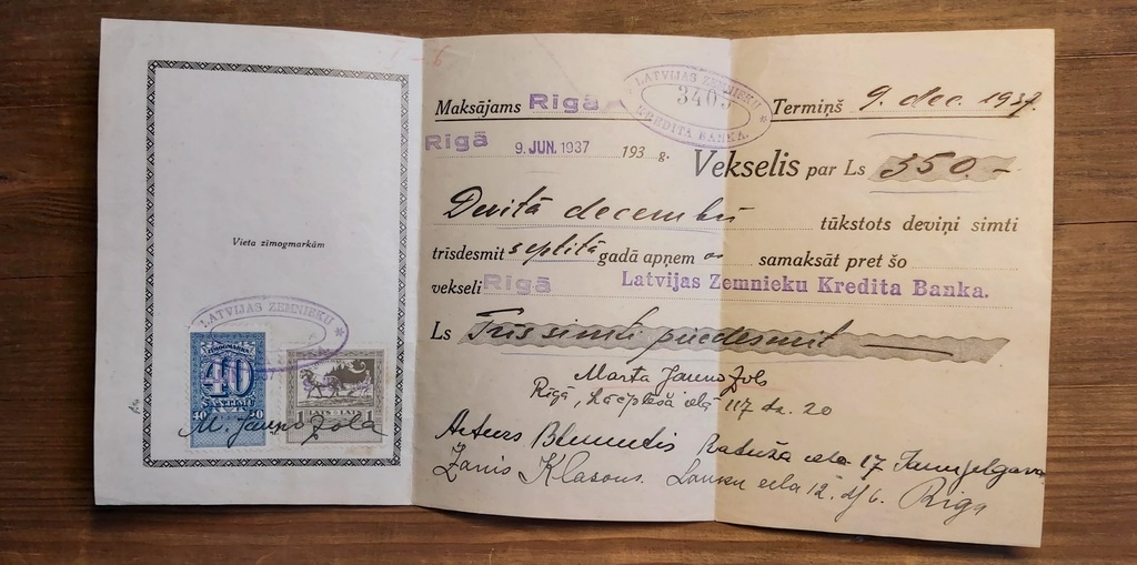 Vekselis par 350 latiem. Latvijas Zemnieku kredīta banka. 1937.gads. Ir zīmogmarkas.