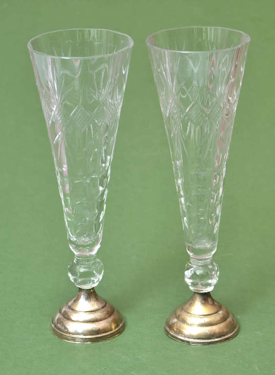 Old crystal glass vases with a silver base
