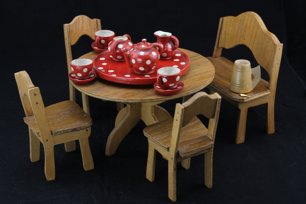 Doll table with chairs and tableware