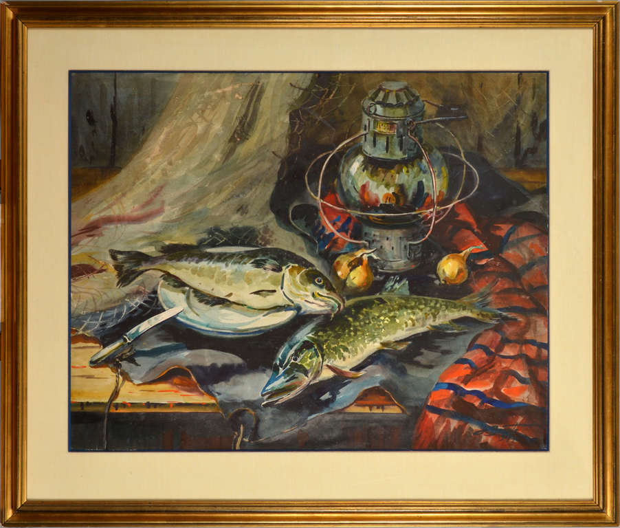 Watercolour painting Still life with fish by Janis Brekte