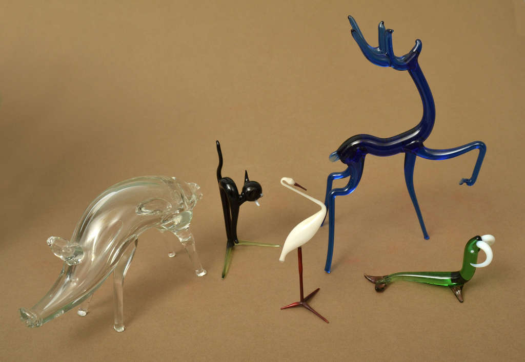 Glass figures - stork, seal, cat, wild boar, deer (5 pcs.)
