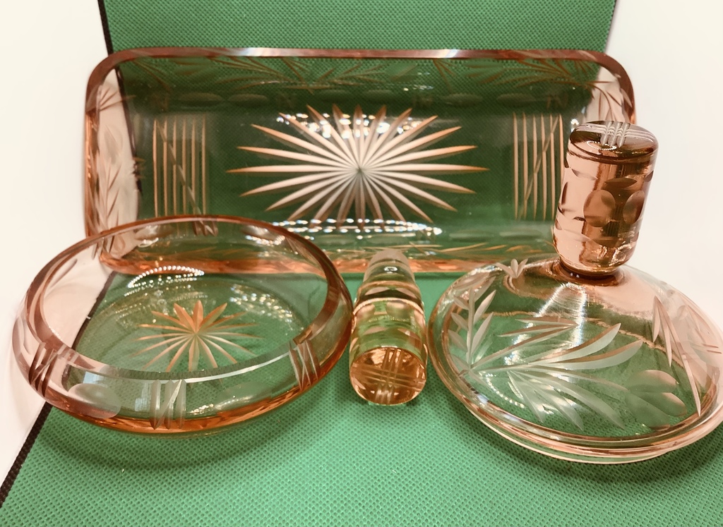 A set of pink glass for a dressing table.Excellent preservation..1920s