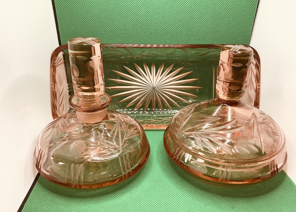 A set of pink glass for a dressing table.Excellent preservation..1920s