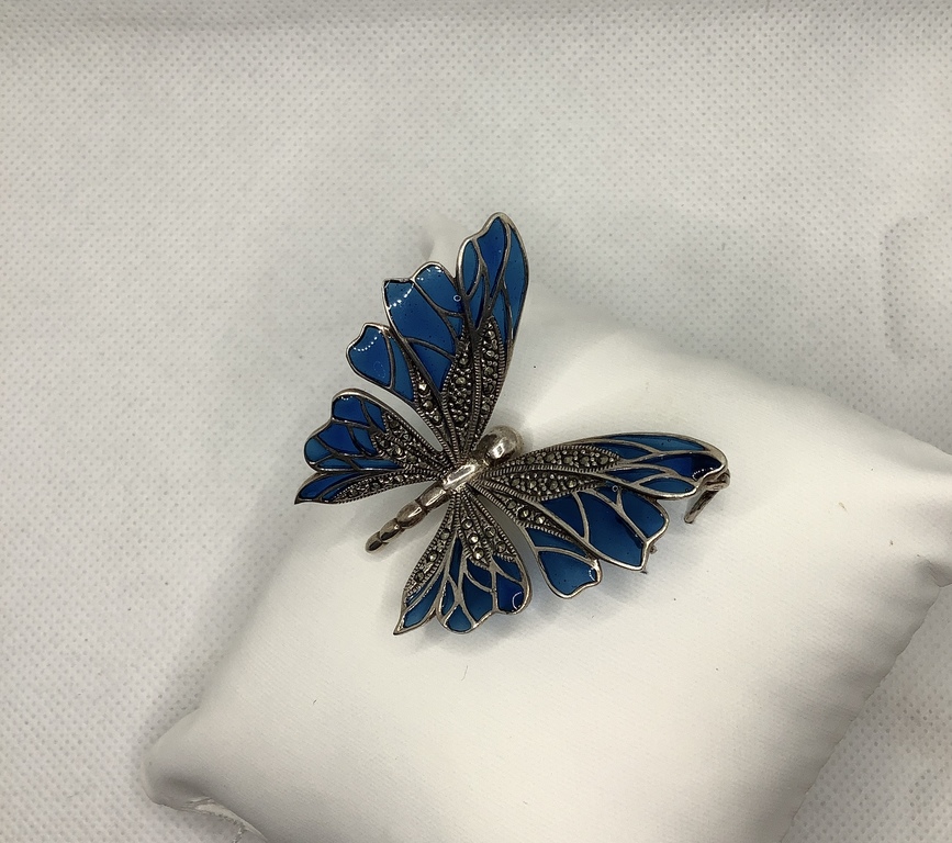 Brooch BUTTERFLY.Cloisonne technique.Hot filling.Sapphire crystal.Silver.Art Deco.Sapphire crystal.
