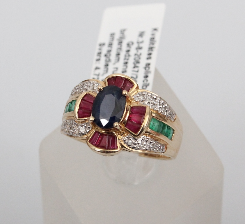 Gold ring with diamonds, rubies, emeralds and sapphires