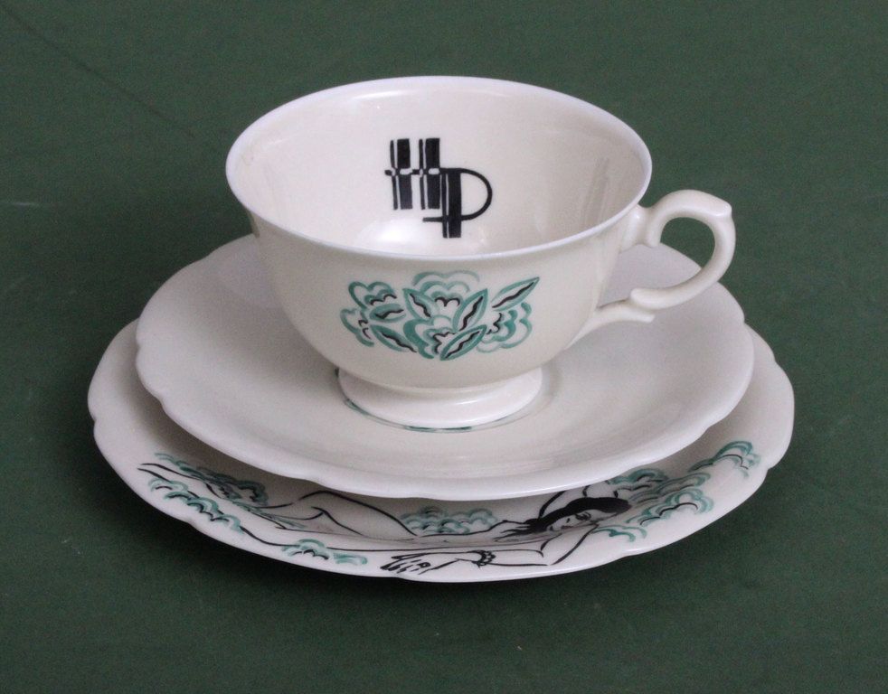 Porcelain trio with painting - cup, saucer, plate