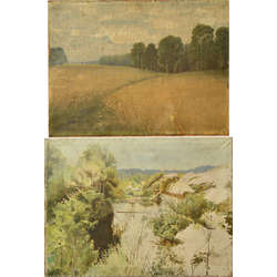 Two paintings - forest landscape/river landscape