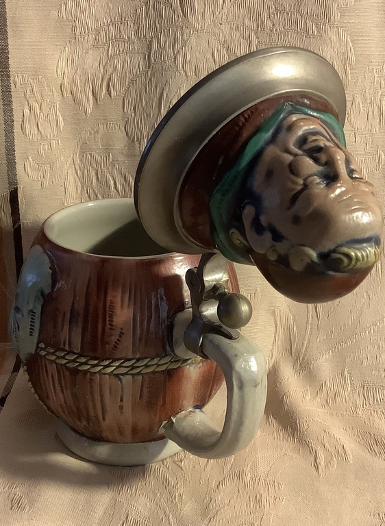 Beer mug Monk, ceramic lid on zinc, 1950-60. Germany