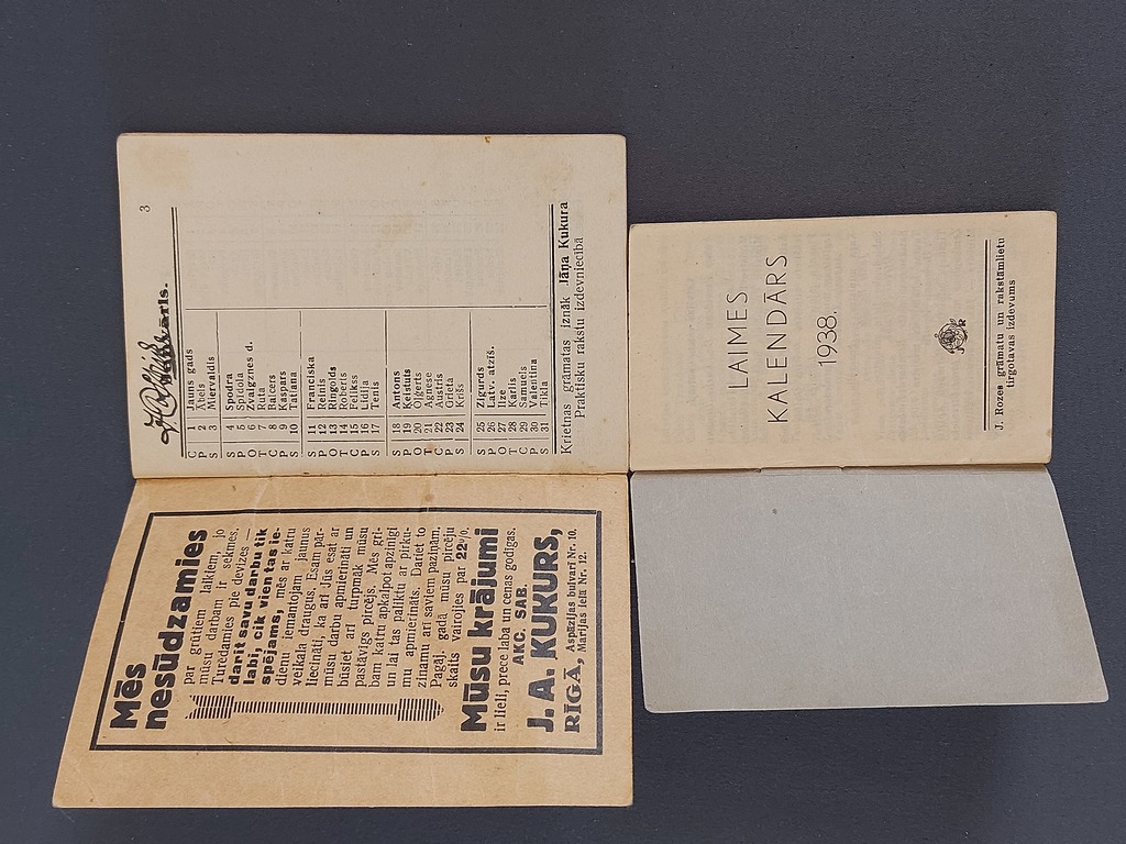 2 gb.maza izmēra kabatas kalendāri 1931 g.;1938 g.