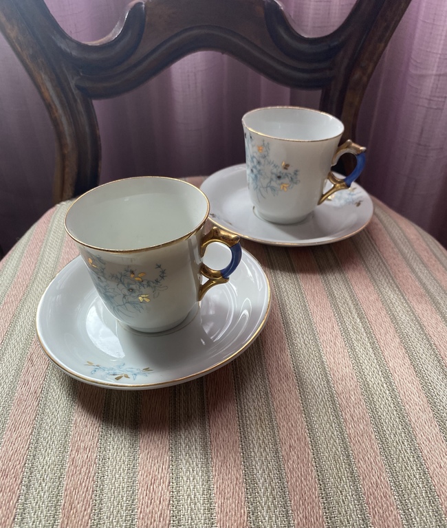 Beautiful cups and saucers with flower, enamel and gold decoration Sitzendorf Germany
