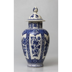 Porcelain vase with lid and Dutch mill, floral motif
