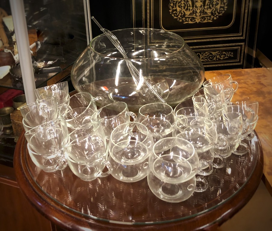 Glass punch bowl with cups and ladle