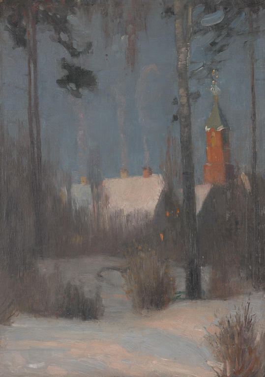 Winter landscape with a church tower