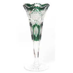 A colored crystal trumpet-shaped vase on a leg
