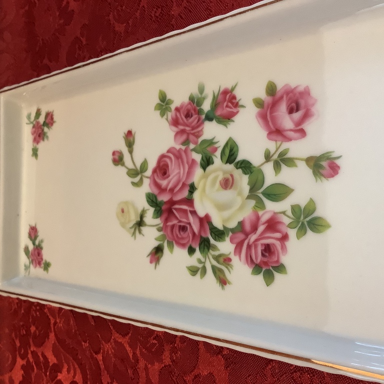 Porcelain tray with a high edge for dessert.Rose garden.Germany.Last century