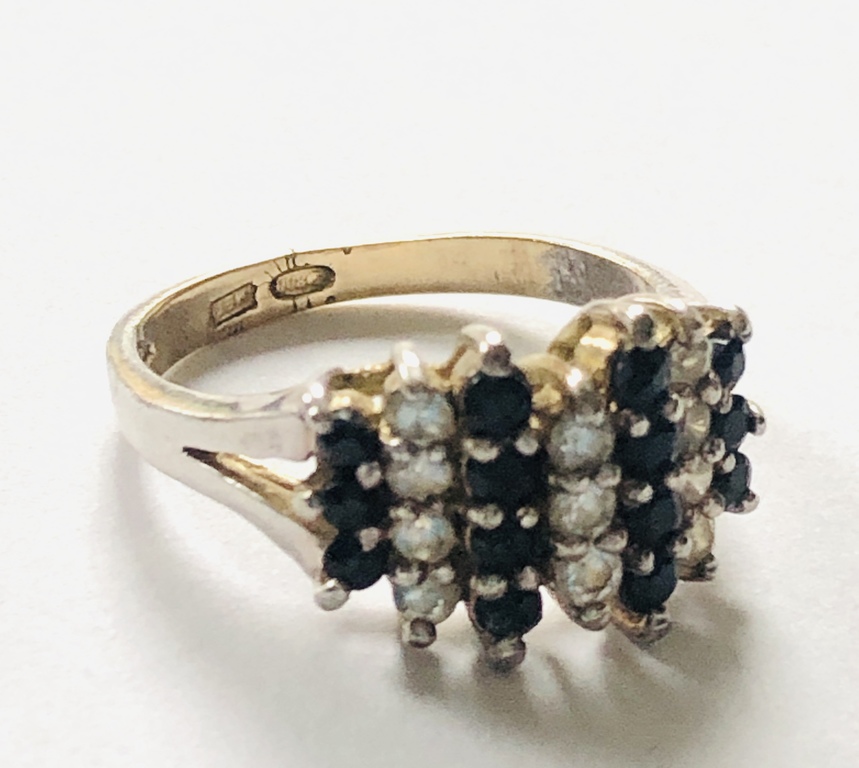 Silver ring with black sapphires and cubic zirconia