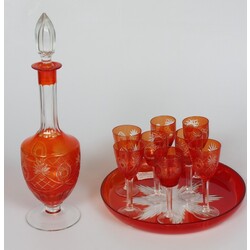 Colored glass set - Carafe with cork, tray, 8 glasses