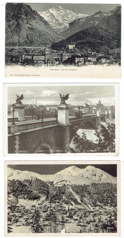 3 postcards - Switzerland (Basel, Davos, Jungfrau)