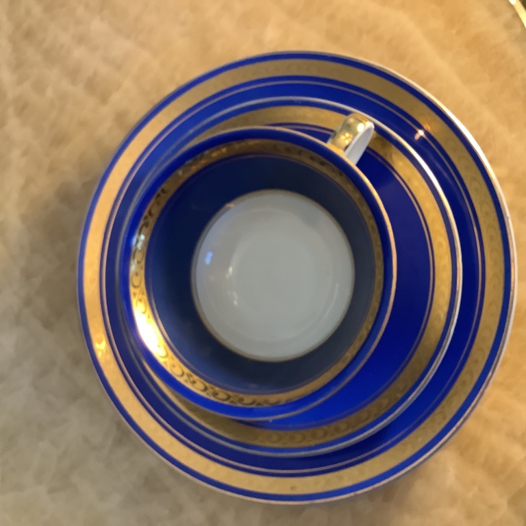 Cobalt tea pair and cake plate. Gold lining. Germany, Gehren VEB, 1950.