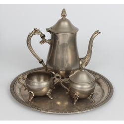 Metal tray, teapot, creamer and sugar bowl