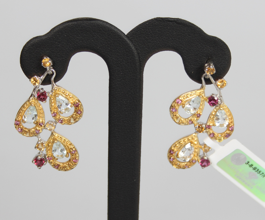 Silver earrings with yellow sapphires, garnets, rhodolites, citrines, aquamarines, tourmalines