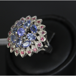 Silver ring with rhodolites, tanzanites