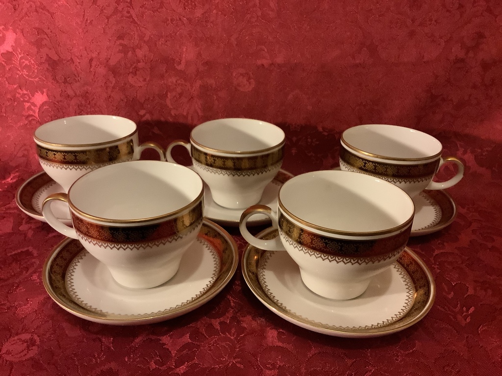5 прекрасных чайных чашки с блюдцами, Kahla, Германия, обрисовка золотом .