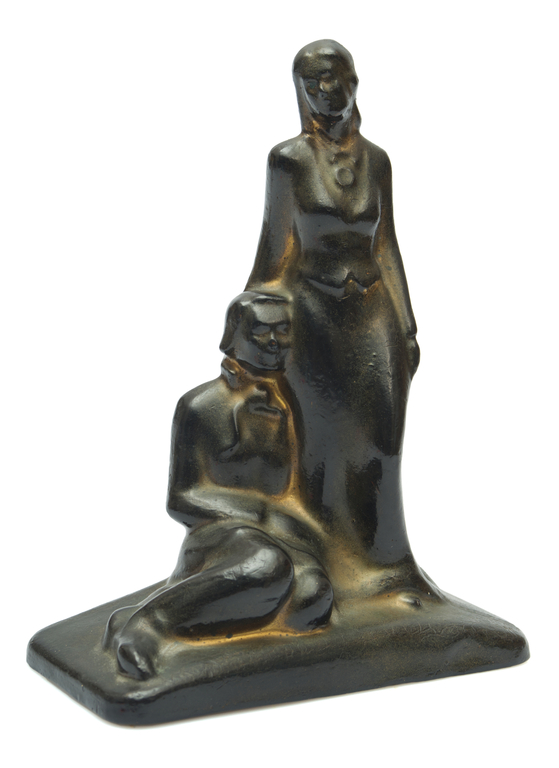 Plaster figure with black lacquer and bronze patina coating 