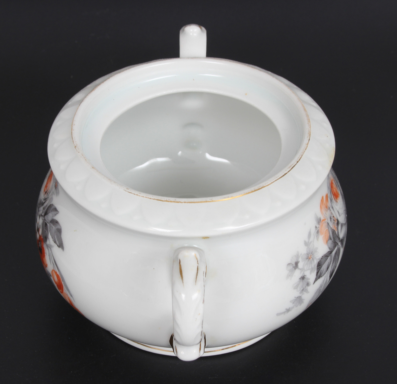 Porcelain sugar bowl with lid, cup with saucer and plate