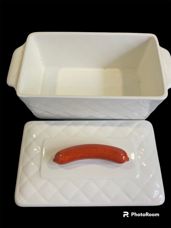 faience art deco WARM SAUSAGE dish - terrine with sausage motif Max Roesler Germany 1920