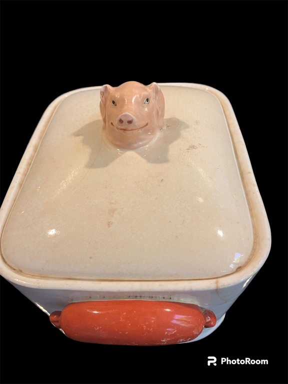 antique earthenware sausage dish Pig and sausages - hot sausages Germany Max Roessler