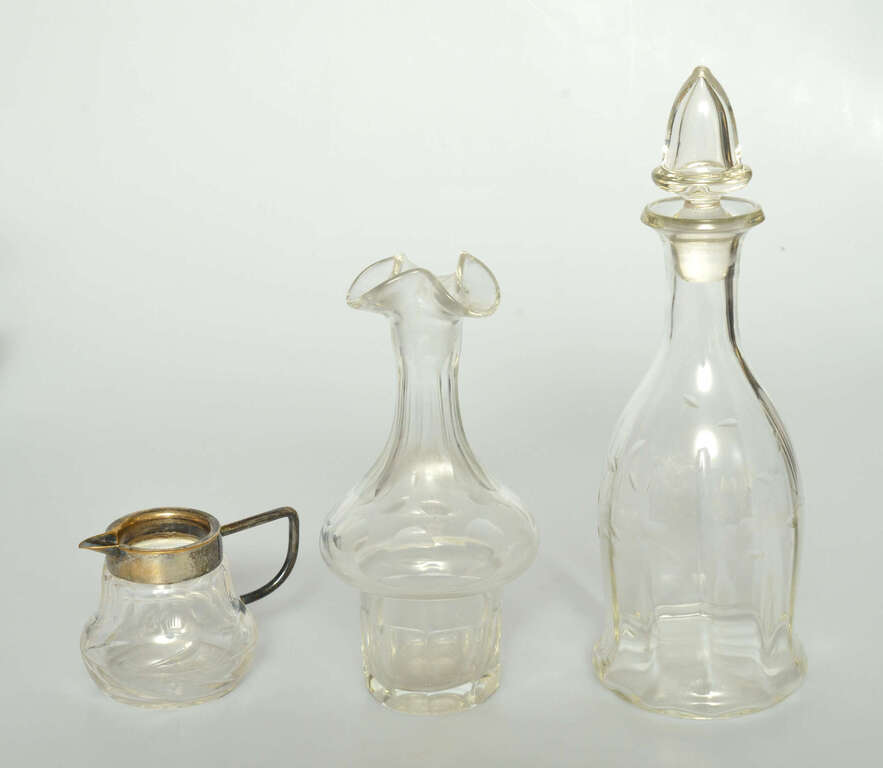 3 glass items - carafe, vase, cup with metal finish