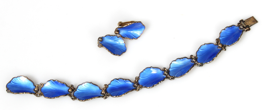 Серебряный браслет с серьгами с голубой эмалью