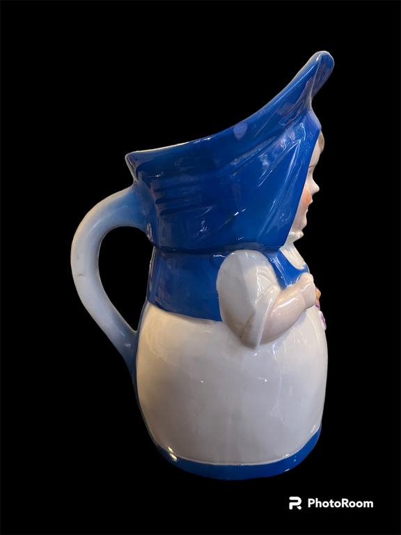 large size 15.5cm height porcelain jug Annele in blue hat with basket in hand Germany