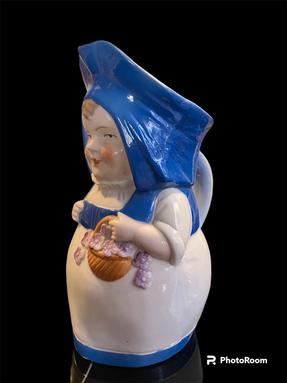 large size 15.5cm height porcelain jug Annele in blue hat with basket in hand Germany
