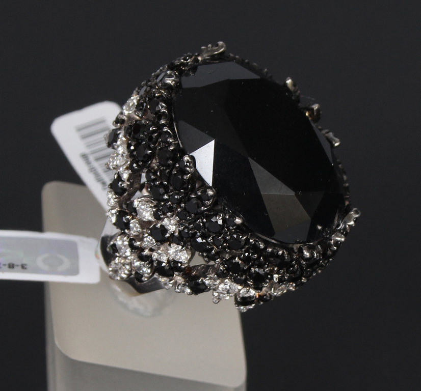197-017722-1, Золотое кольцо с обсидианом и бриллиантами, черные шпинели