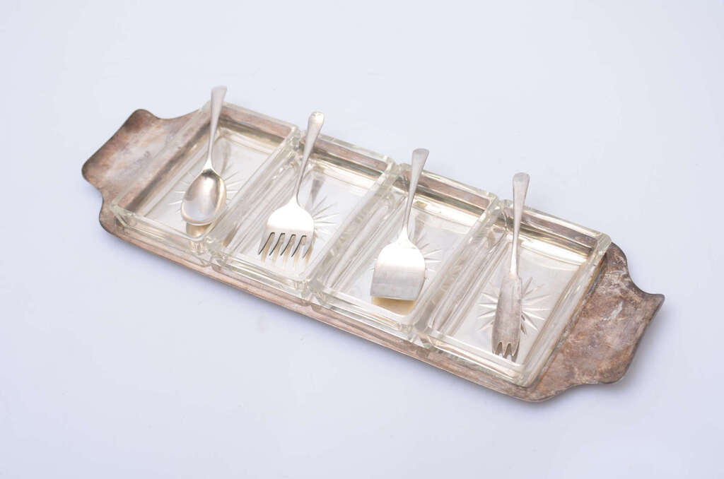 Silver-plated tray with glass caviar serving dishes