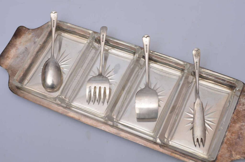 Silver-plated tray with glass caviar serving dishes