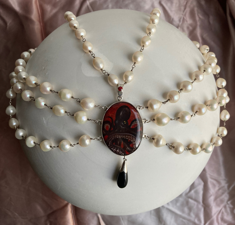 Four Row River Pearl Necklace ''Octopus'' Red Sapphire and Black Onyx 