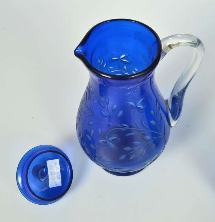 Cobalt glass decanter and two glasses