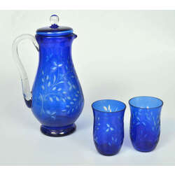 Cobalt glass decanter and two glasses