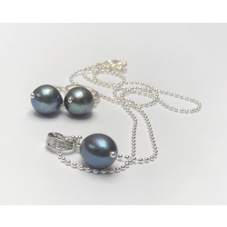 Dark Freshwater Pearl earrings with silver chain and pendant, 925 proof