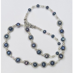 Blue Freshwater Pearl necklace with crystal and metal elements.