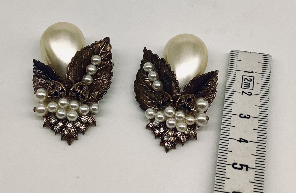 Large, evening clip-on earrings.Bronze, enamel, artificial pearls and crystals.Bohemia.Yablonets.
