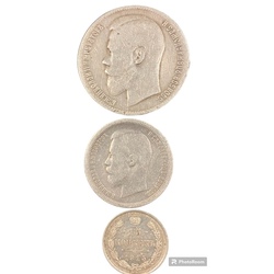 tsar Nicholas coin lot 3 pieces, silver, RUSSIA